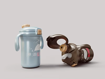 Stylish Blue And Brown Insulated Stainless Steel Water Bottles With Open Lids 3d model