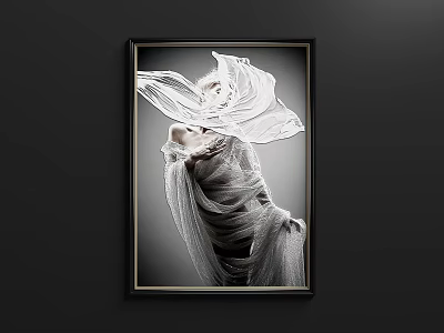 Figurative Painting Featuring White Fabric Wrapped Figure With Gray Background And Black Gold Frame 3d model