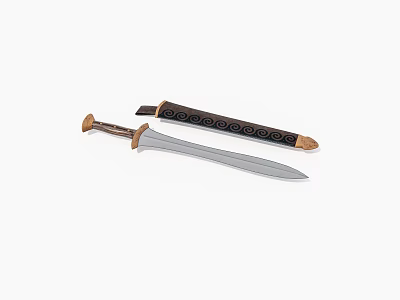 Antique Metal Sword With Carved Wooden Hilt And Decorative Leather Scabbard 3d model