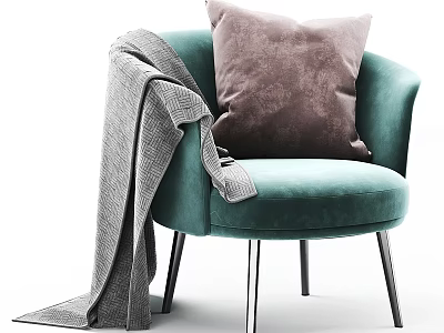 Teal Velvet Accent Chair with Brown Pillow and Gray Throw and Metal Legs 3d model