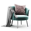 Teal Velvet Accent Chair with Brown Pillow and Gray Throw and Metal Legs