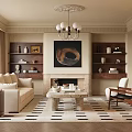 Warm Classic Living Room Interior With Beige Sofa Fireplace Bookshelves And Chandelier