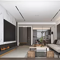 Modern Living And Dining Room Interior With Marble Accent Wall Fireplace And Gray Sofa