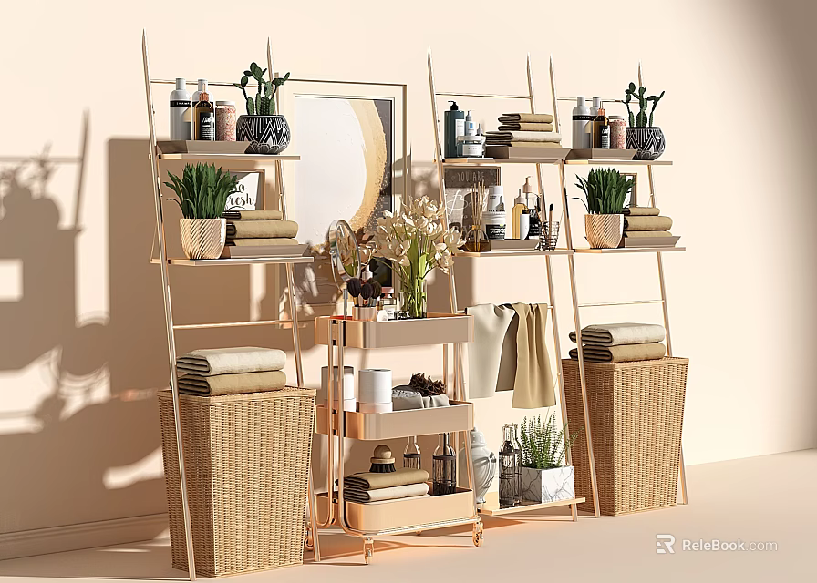 Stylish Cosmetics And Perfume Display Shelves With Plants Towels And Baskets 3d model 