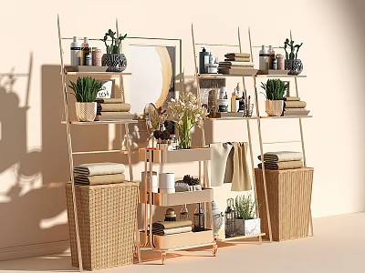 Stylish Cosmetics And Perfume Display Shelves With Plants Towels And Baskets 3d model