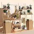 Stylish Cosmetics And Perfume Display Shelves With Plants Towels And Baskets