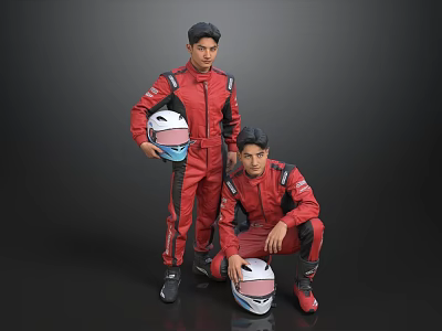 Two Men in Red Racing Suits Holding Helmets Standing And Kneeling Against Grey Background 3d model