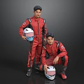 Two Men in Red Racing Suits Holding Helmets Standing And Kneeling Against Grey Background