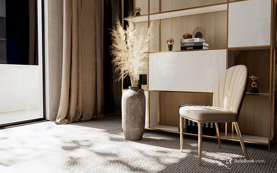 Elegant Interior Design With Curtains Pampas Grass Shelving Unit Chair And Natural Light 3d model 