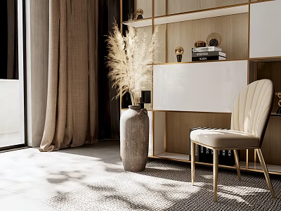 Elegant Interior Design With Curtains Pampas Grass Shelving Unit Chair And Natural Light 3d model