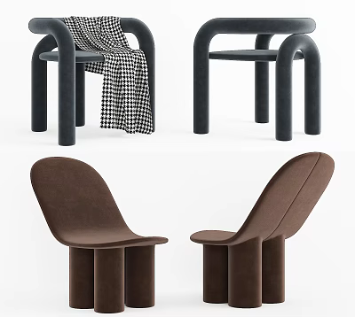 Modern Black And Brown Accent Chairs With Plaid Blanket Curved Backrest And Thick Legs 3d model