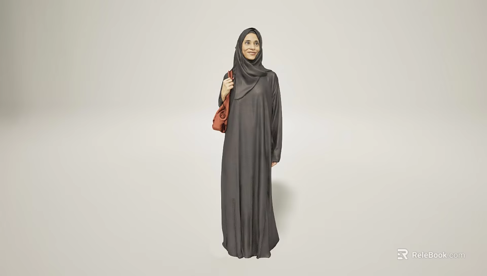 Woman In Gray Abaya With Hijab Holding Red Handbag Against Light Background 3d model 
