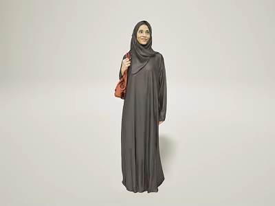 Woman In Gray Abaya With Hijab Holding Red Handbag Against Light Background 3d model