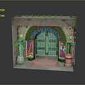 Entrance Gate with Archway Double Doors Wall Lamps and Plant Decorations in Stone Structure