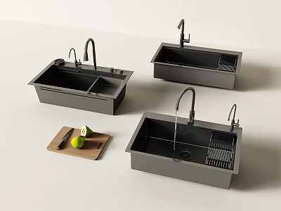 Modern Black Kitchen Sinks With Faucet Drainer Rack And Cutting Board 3d model