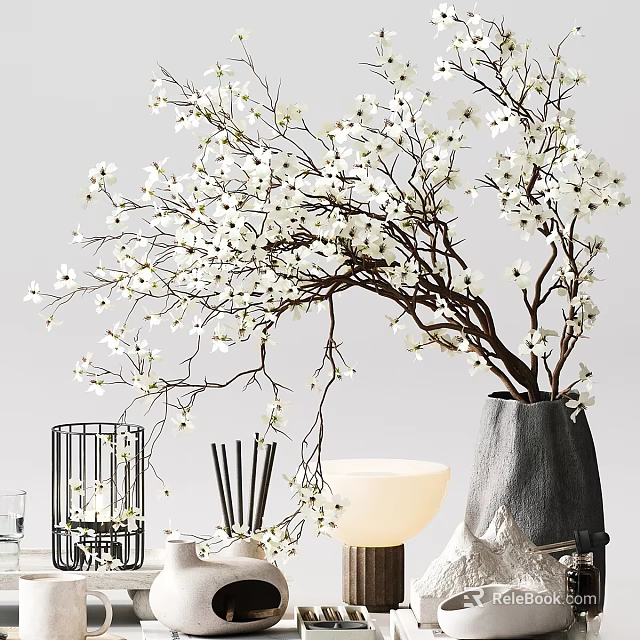 Decorative Ornament Set with White Flower Branches Metal Frame Decor Table Lamp and Vase 3d model 