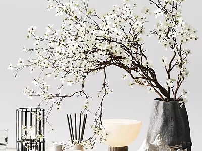 Decorative Ornament Set with White Flower Branches Metal Frame Decor Table Lamp and Vase 3d model