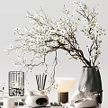Decorative Ornament Set with White Flower Branches Metal Frame Decor Table Lamp and Vase