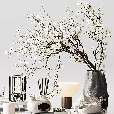 Decorative Ornament Set with White Flower Branches Metal Frame Decor Table Lamp and Vase 3d model