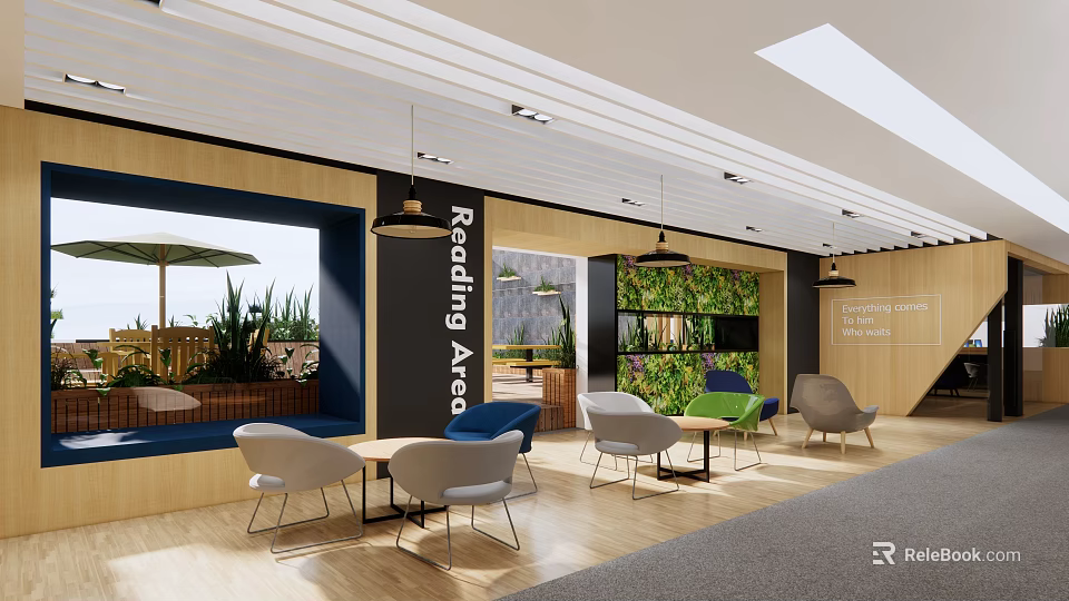 Modern Reading Area Interior Design With Comfortable Chairs Green Wall And Tables 3d model 