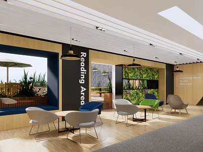 Modern Reading Area Interior Design With Comfortable Chairs Green Wall And Tables 3d model