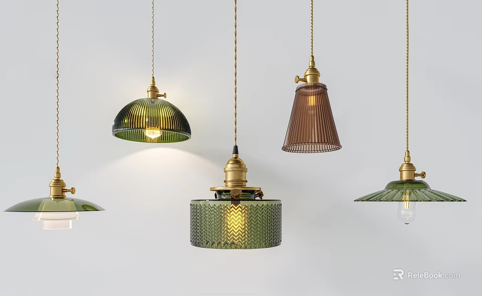 Vintage Brass Hanging Pendant Lights With Colorful Glass And Woven Shades 3d model 