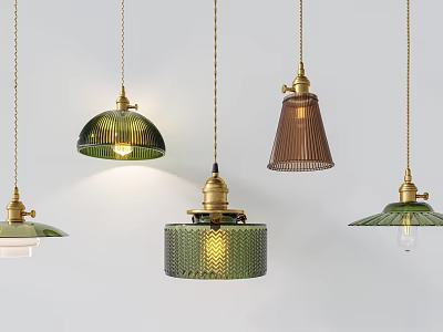 Vintage Brass Hanging Pendant Lights With Colorful Glass And Woven Shades 3d model