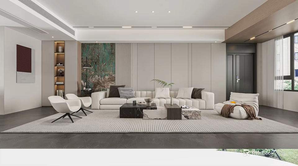 Modern Living Dining Room Interior Design With Sofa Chairs And Decorative Painting 3d model 