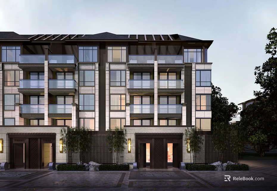 Modern Townhouse Exterior Design Featuring Multi Story Structure Large Glass Windows Balconies And Landscaped Porches 3d model 