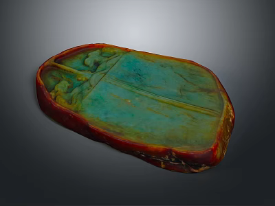 Handcrafted Wood Stone Inkstone With Intricate Carvings And Unique Green Red Surface Design 3d model