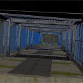 Dimly Lit Tunnel Passageway With Metal Railings Concrete Walls Grated Floor And Distant Light Source