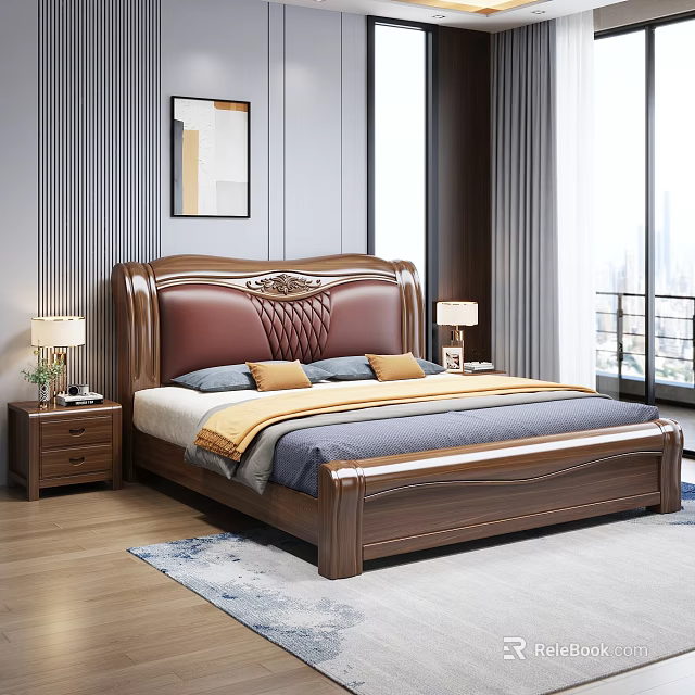 Luxury Solid Wood Carved Upholstered Double Bed With Comfortable Bedding For Cozy Modern Bedroom Interior 3d model 