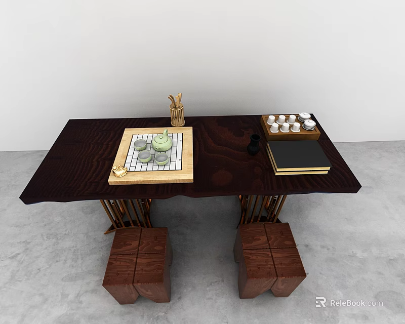 Minimalist Dark Brown Wooden Tea Table with Stools Chessboard and Tea Set 3d model