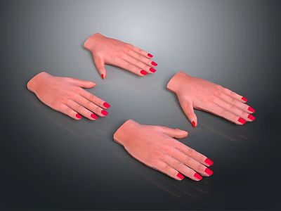 Four Human Hands With Red Nail Polish On Dark Background In Different Positions 3d model