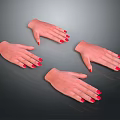 Four Human Hands With Red Nail Polish On Dark Background In Different Positions