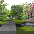 Garden Landscape Design With White Brick Wall And Lush Green Trees