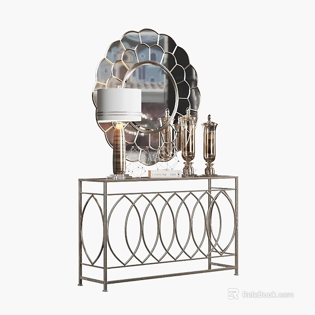 Elegant Modern Entryway Console Table With Metal Frame Decorative Mirror And Ornaments 3d model 