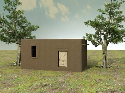 Small Brown House Surrounded By Two Trees On Grassland Under Cloudy Sky 3d model