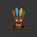 Tribal Wooden Mask With Red Blue Yellow Green Feathers Golden Eyes And Green Leaf On Grass With Stones