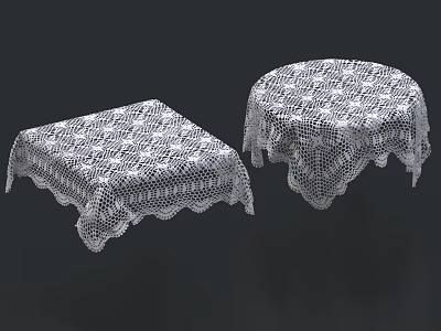 Square and Round Dining Tables with White Lace Tablecloth Featuring Floral Pattern and Lace Trim 3d model