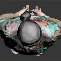 Woman In Colorful Floral Top And Black Pants Standing Against Dark Background