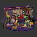Enchanted Magic Workshop Scene With Cauldron Pumpkins Magic Books And Plants 3d model