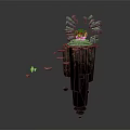 Cartoon Scene With Pillar Structure Broken Stones On Top Small Red Character And Flying Debris