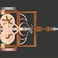 Wooden Mechanical Cart Model with Intricate Gear System and Red Wheel Design