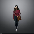 Woman In Red Top And Dark Jeans Walking With Brown Handbag On Gray Background