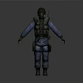 Tactical Military Character in Blue Uniform With Helmet Gas Mask and Tactical Vest Gear