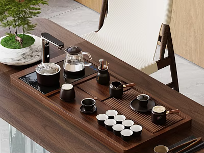Elegant Tea Set with Wooden Tray Glass Teapot Cups Accessories and Potted Plant on Table 3d model