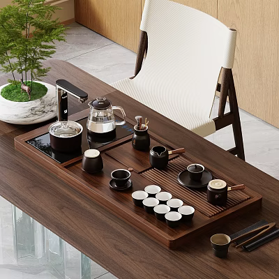 Elegant Tea Set with Wooden Tray Glass Teapot Cups Accessories and Potted Plant on Table 3d model