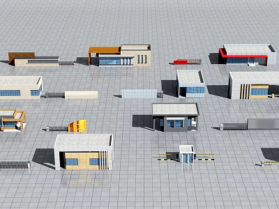 Various Small Building Models With Different Roof Colors And Window Designs On Grid Floor 3d model