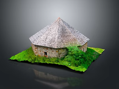Whimsical Cartoon Scene With Stone Hut Dome Tile Roof Green Grass And Plants 3d model